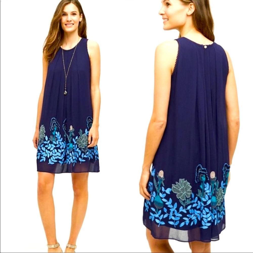 Navy Floral Border Sleeveless Mini Dress